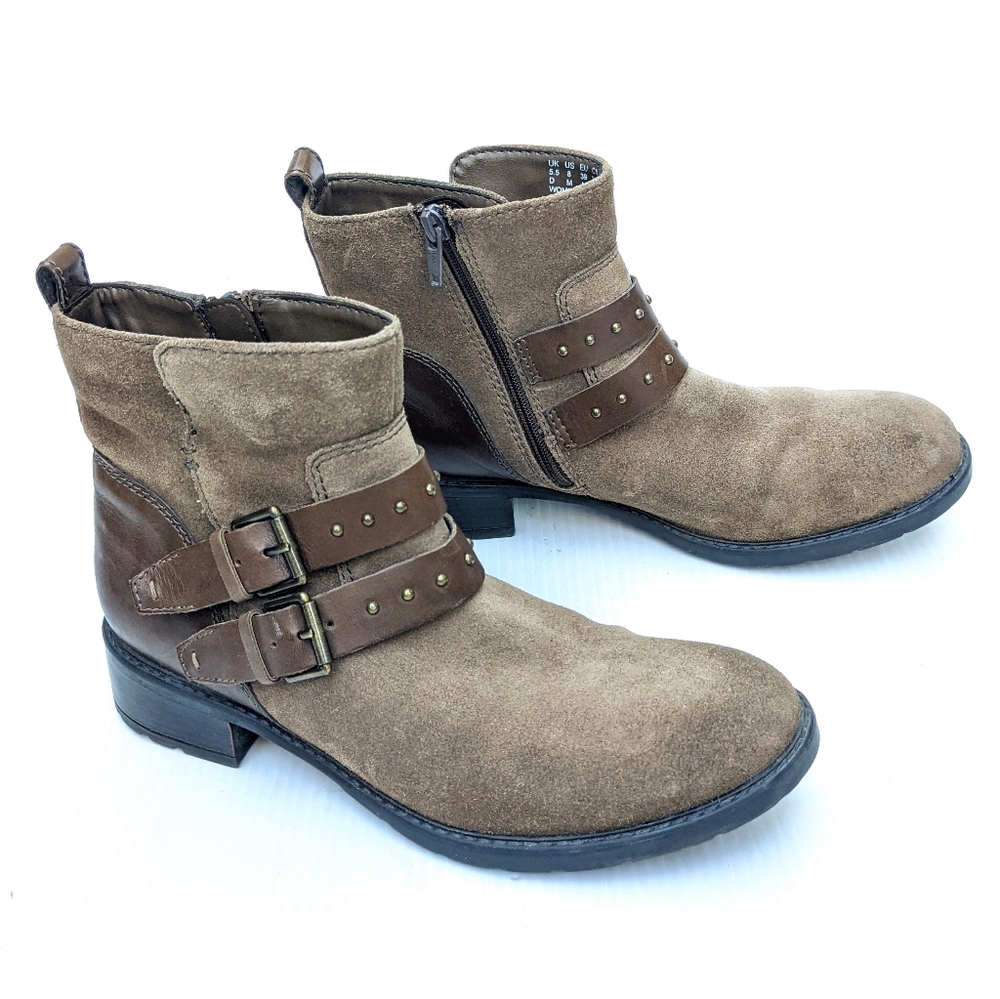 CLARKS Artisan Swansea Grove brown suede studded strap buckle ankle boots